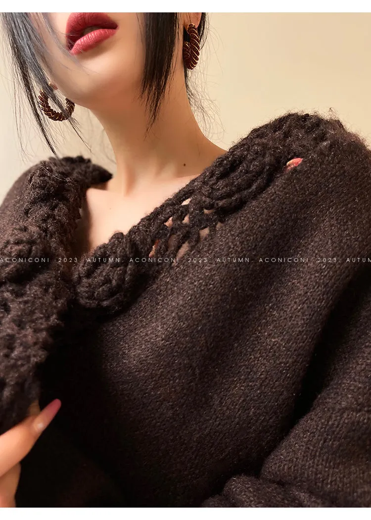 Aconiconi Luxury Loose V-Neck Long Sleeve Crochet Sweater - Camellia in the Fields
