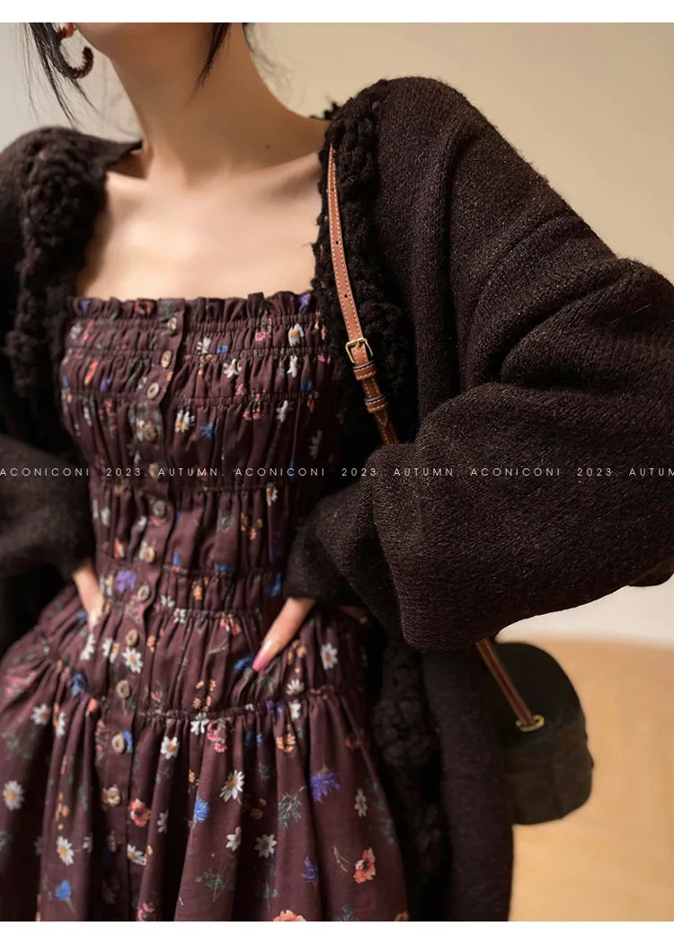 Aconiconi Luxury Loose V-Neck Long Sleeve Crochet Sweater - Camellia in the Fields