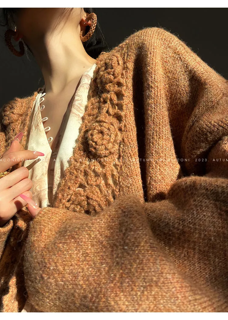 Aconiconi Luxury Loose V-Neck Long Sleeve Crochet Sweater - Camellia in the Fields