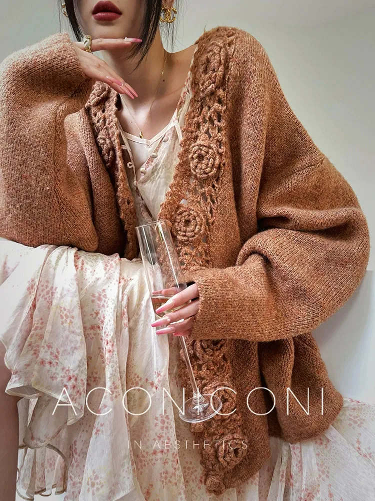 Aconiconi Luxury Loose V-Neck Long Sleeve Crochet Sweater - Camellia in the Fields