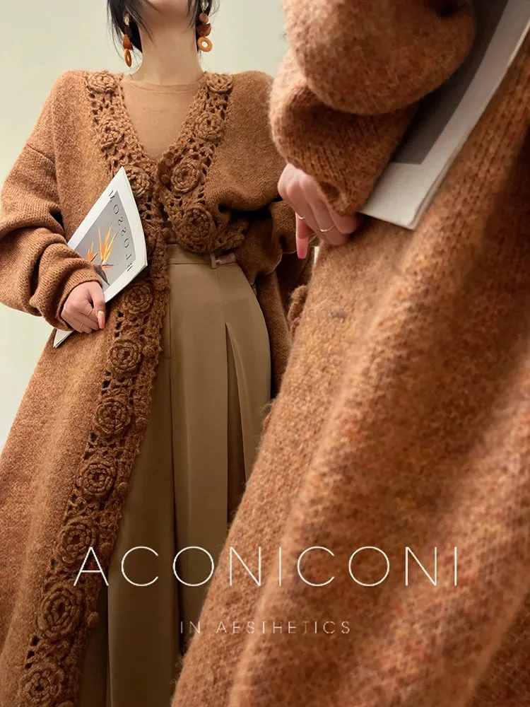 Aconiconi Luxury Loose V-Neck Long Sleeve Crochet Sweater - Camellia in the Fields