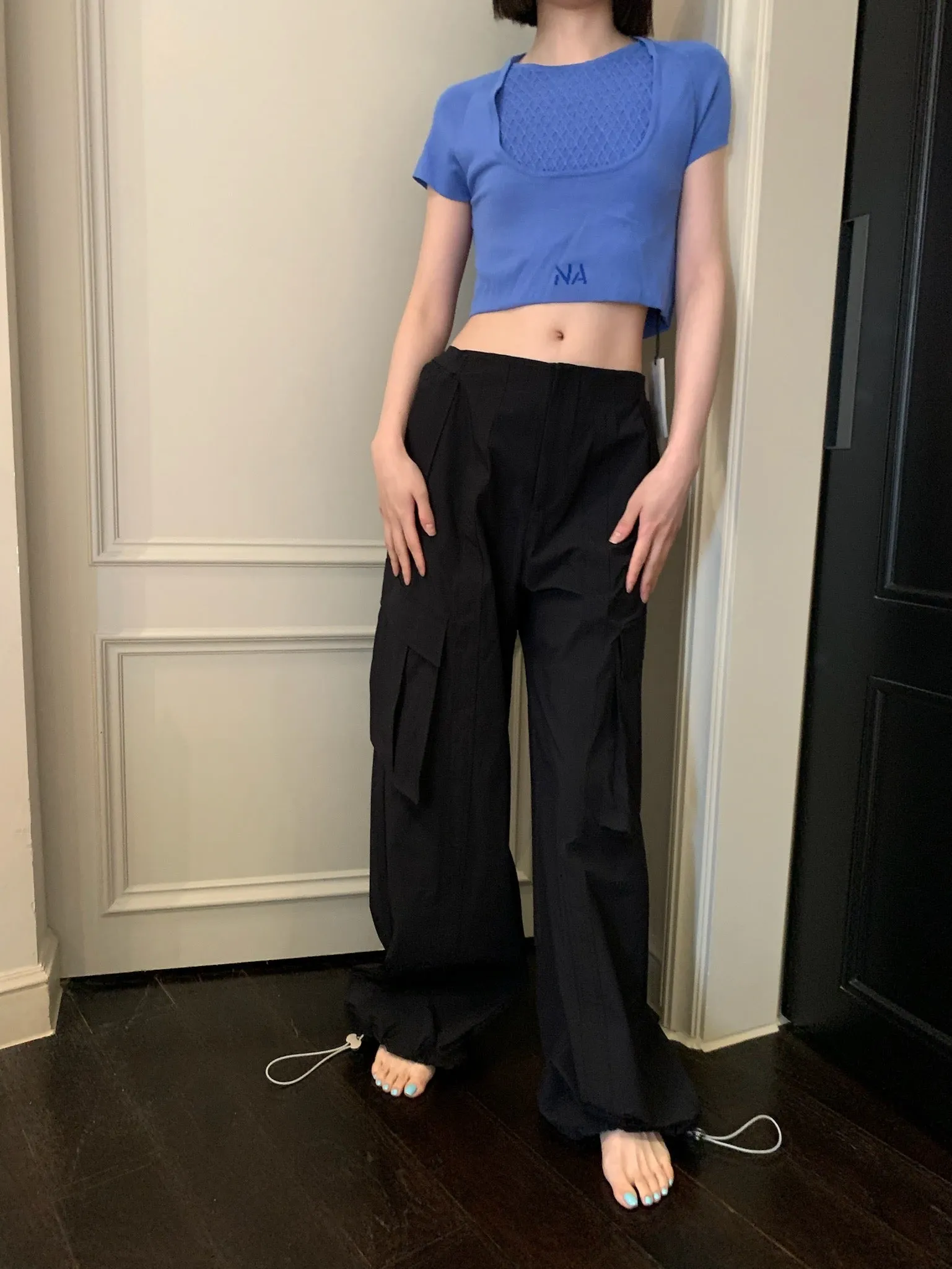 Black Double-Layer Knit Short Sleeve Top