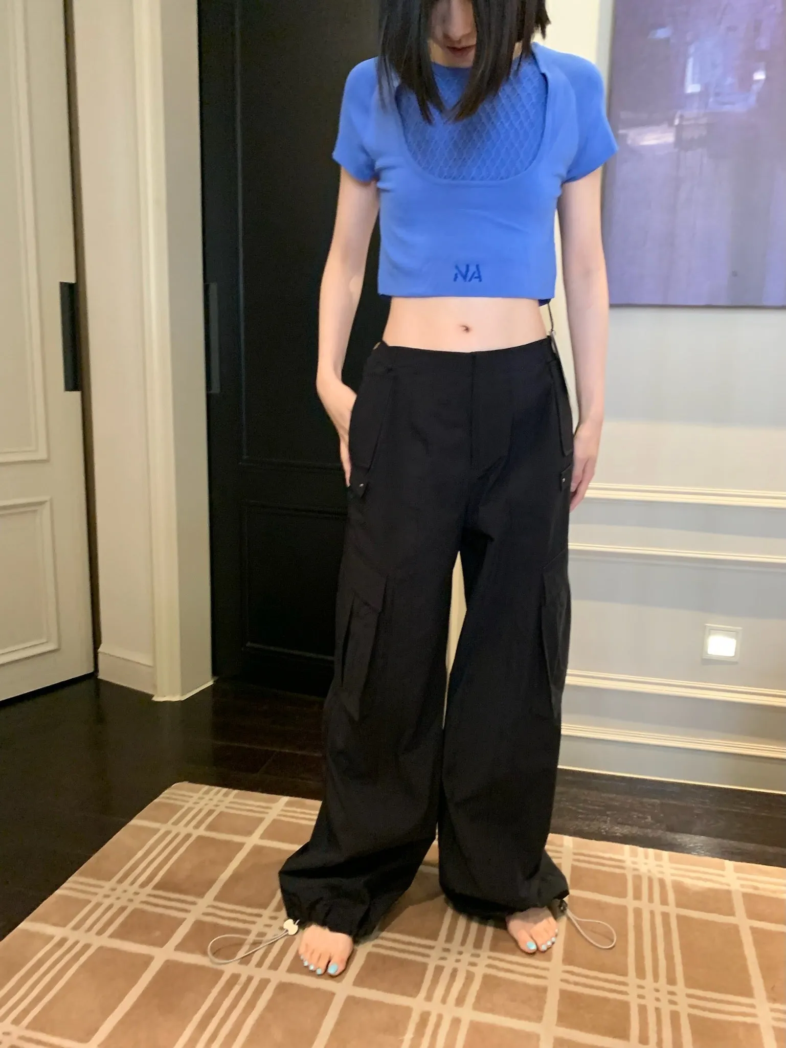 Black Double-Layer Knit Short Sleeve Top