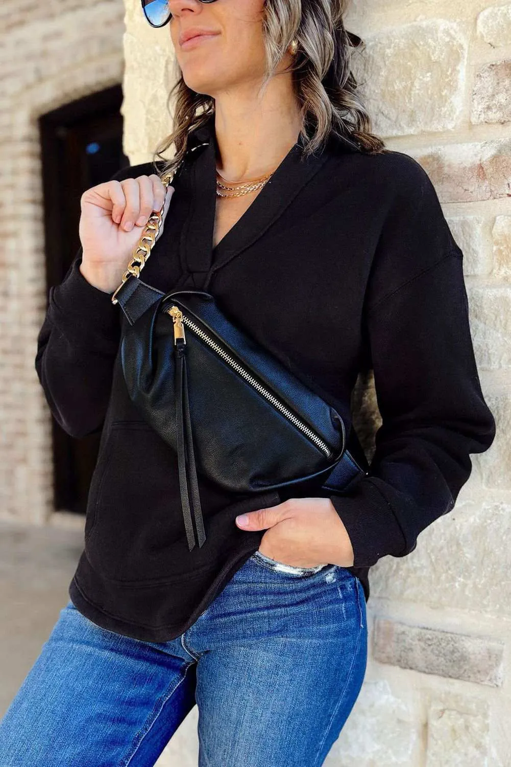 Black Plain V Neck Collared Pocketed Sweatshirt - Chic Comfort