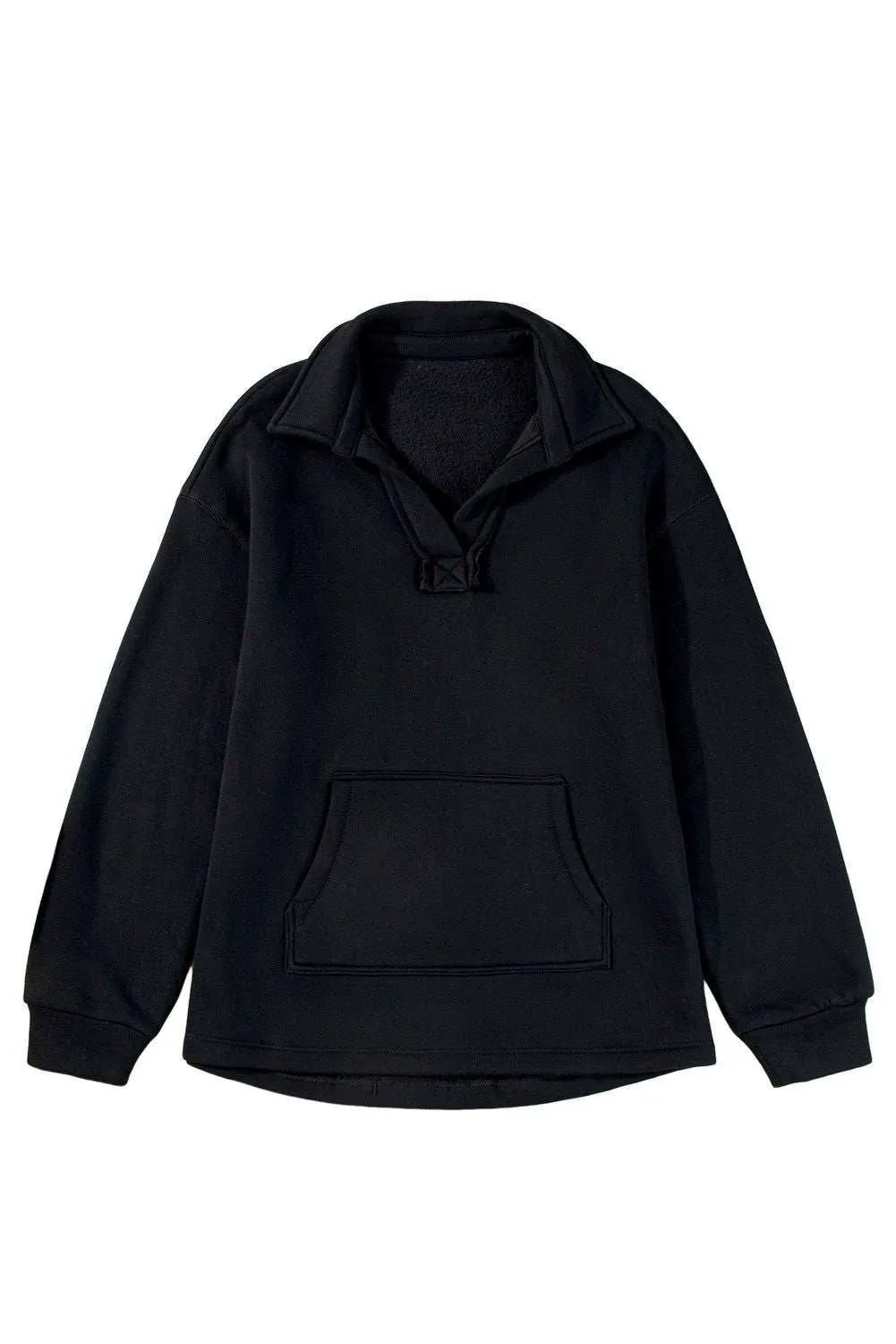 Black Plain V Neck Collared Pocketed Sweatshirt - Chic Comfort
