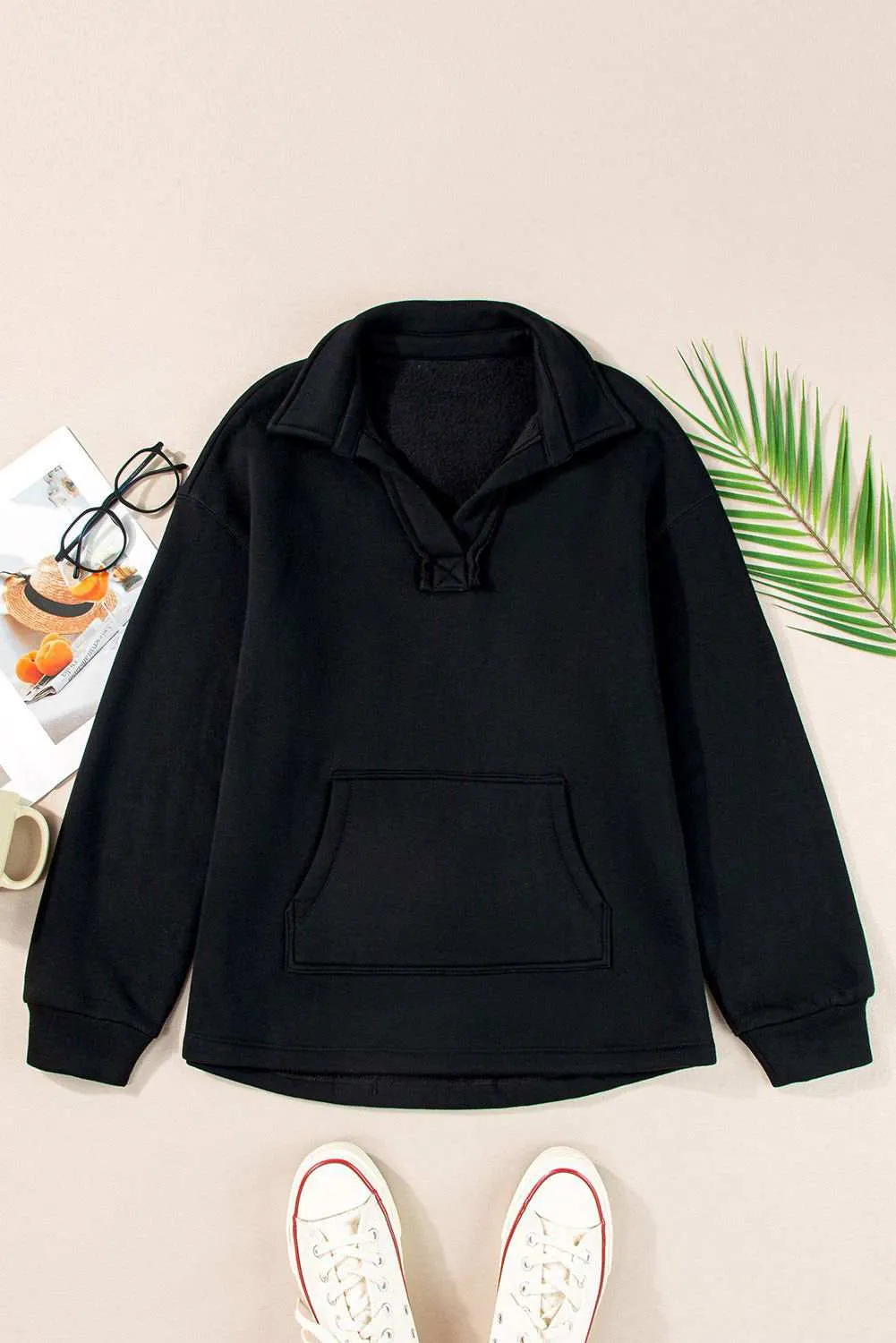 Black Plain V Neck Collared Pocketed Sweatshirt - Chic Comfort