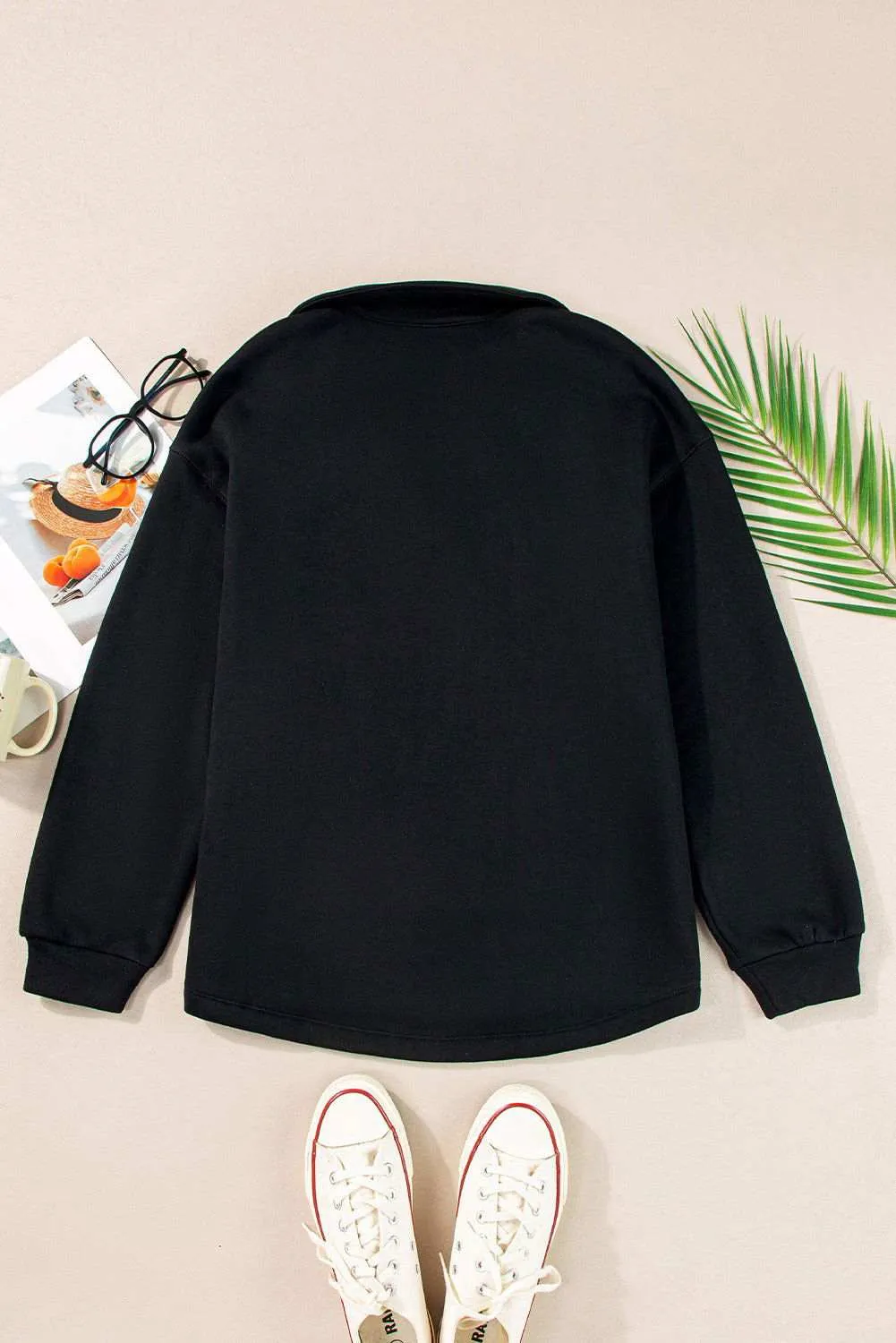 Black Plain V Neck Collared Pocketed Sweatshirt - Chic Comfort