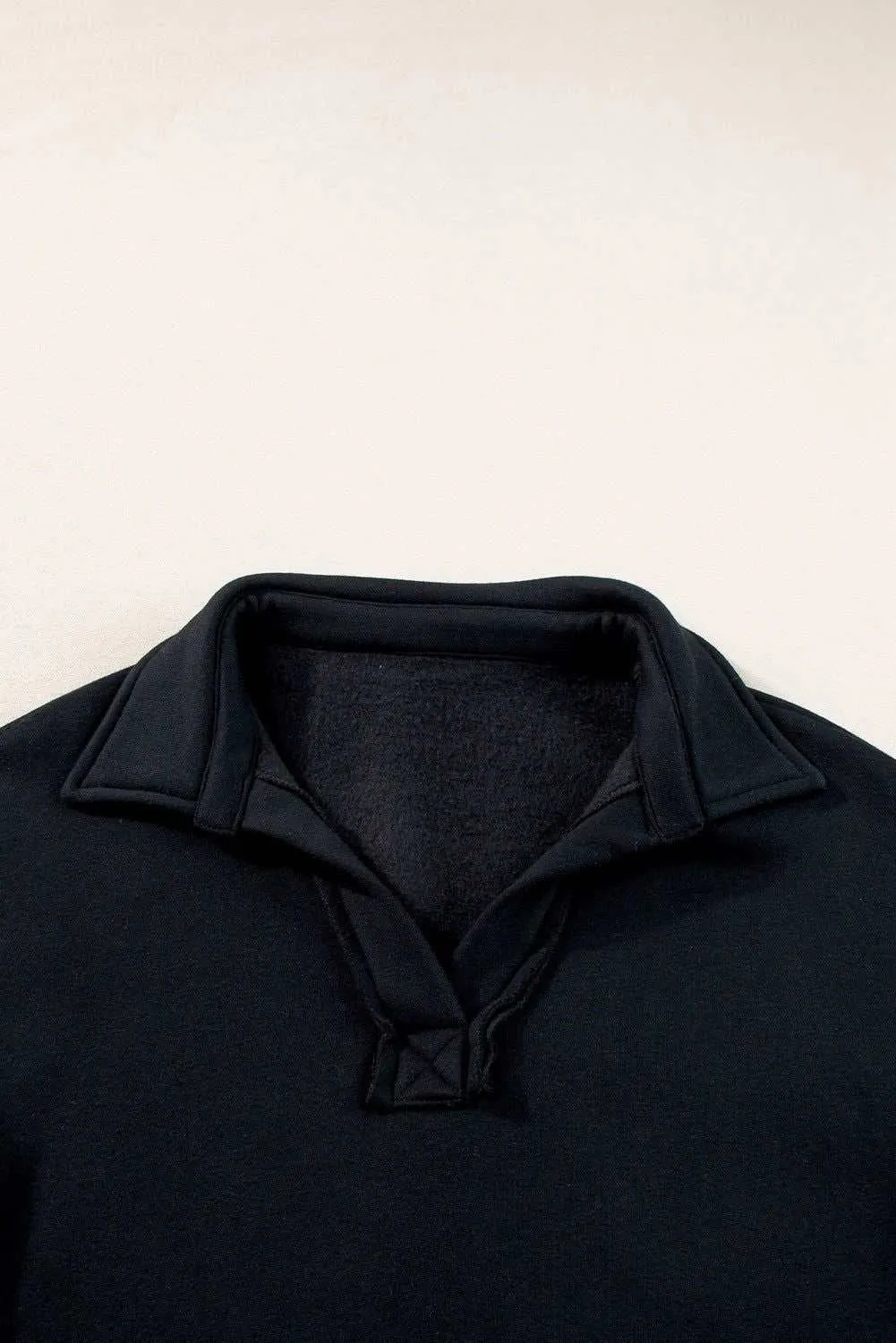 Black Plain V Neck Collared Pocketed Sweatshirt - Chic Comfort