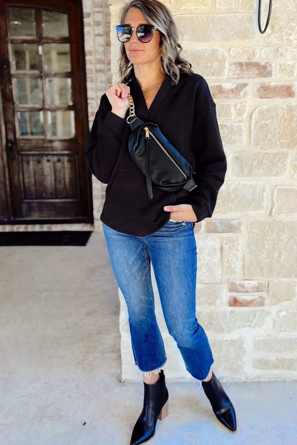 Black Plain V Neck Collared Pocketed Sweatshirt - Chic Comfort