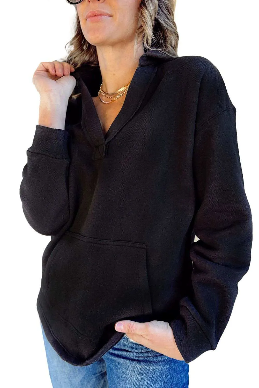 Black Plain V Neck Collared Pocketed Sweatshirt - Chic Comfort