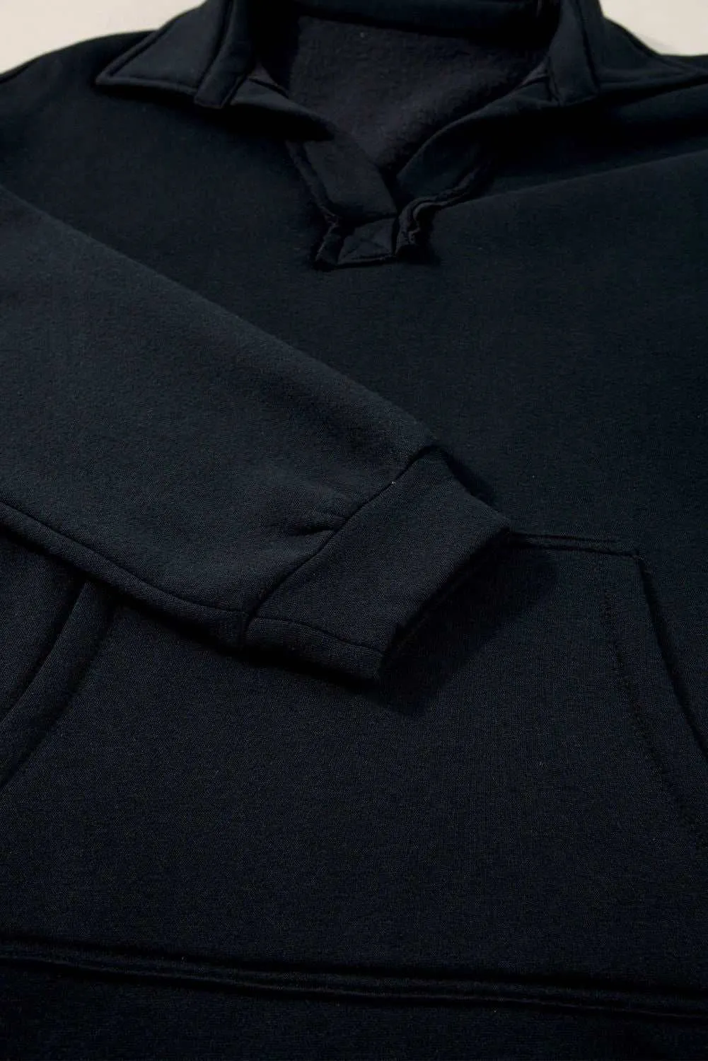 Black Plain V Neck Collared Pocketed Sweatshirt - Chic Comfort