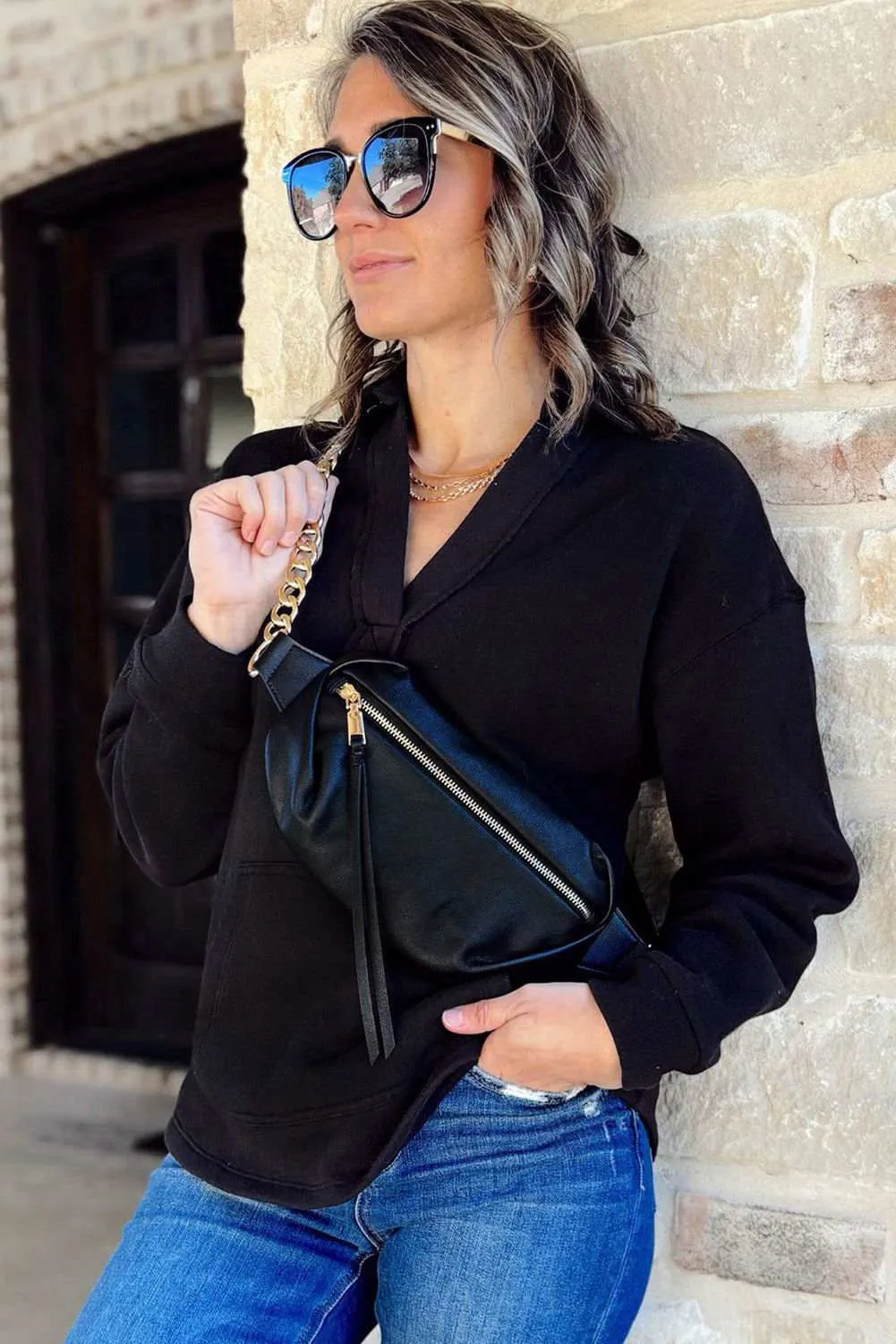 Black Plain V Neck Collared Pocketed Sweatshirt - Chic Comfort