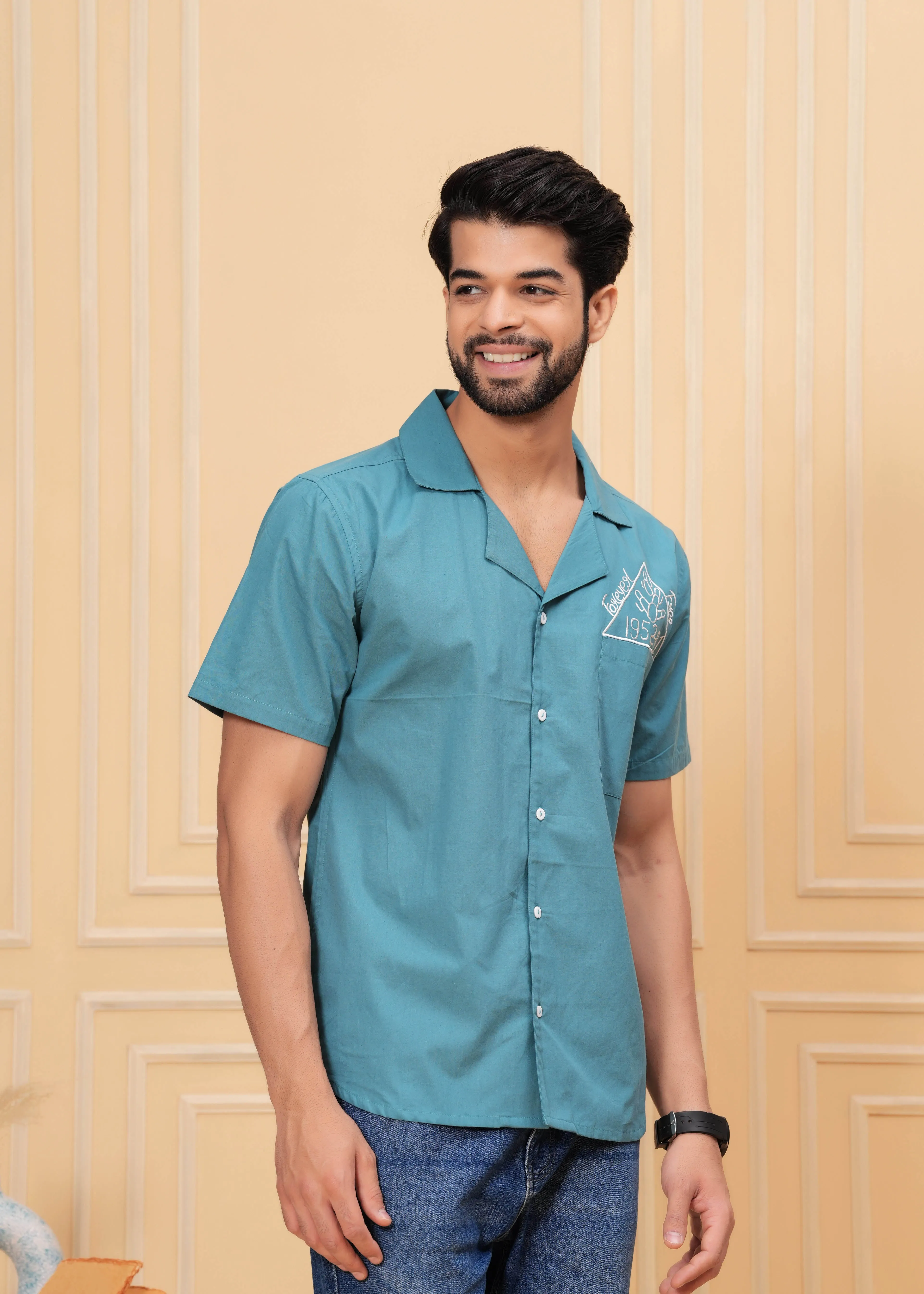 Blue Self Design Spread Collor Shirt