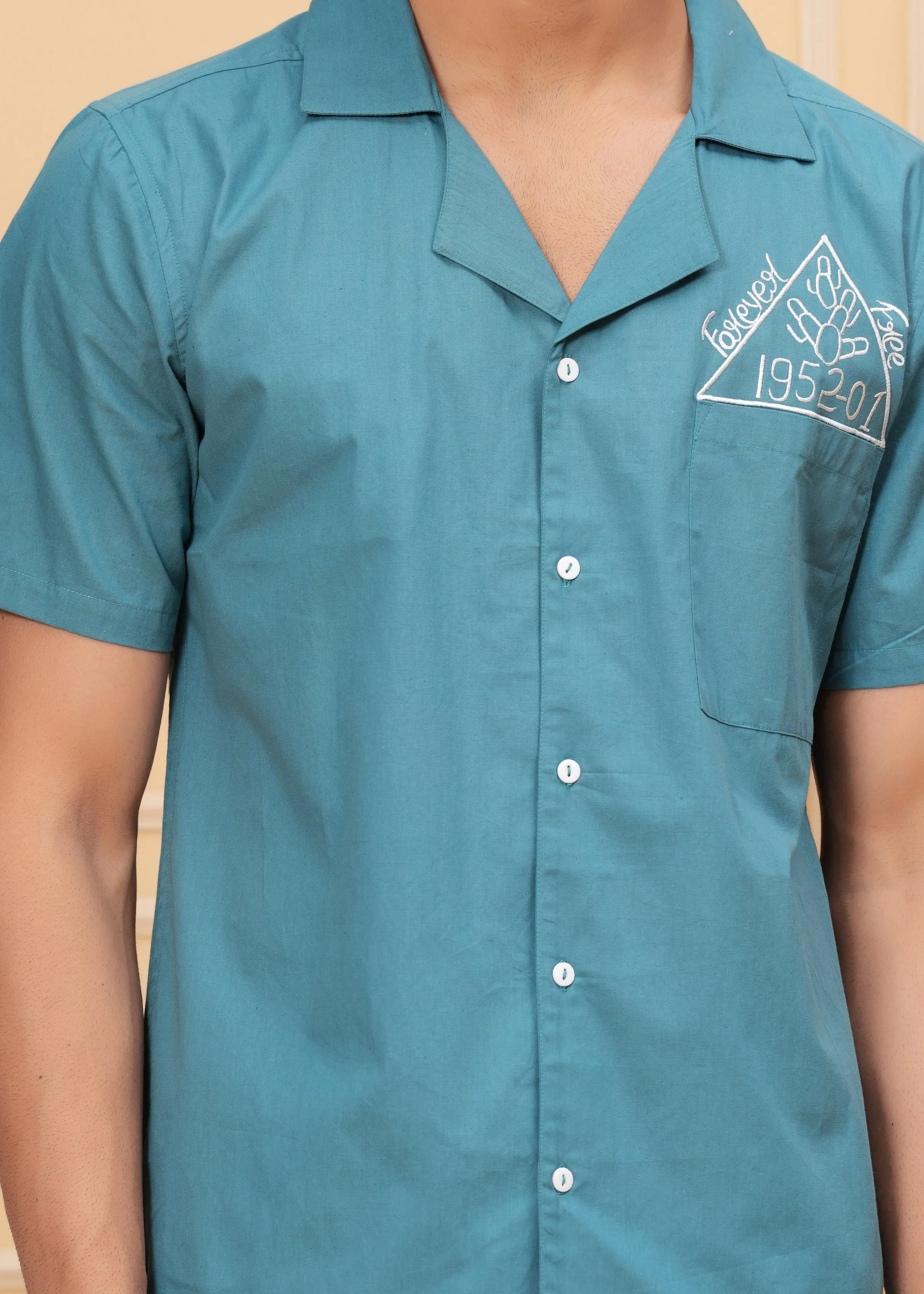 Blue Self Design Spread Collor Shirt