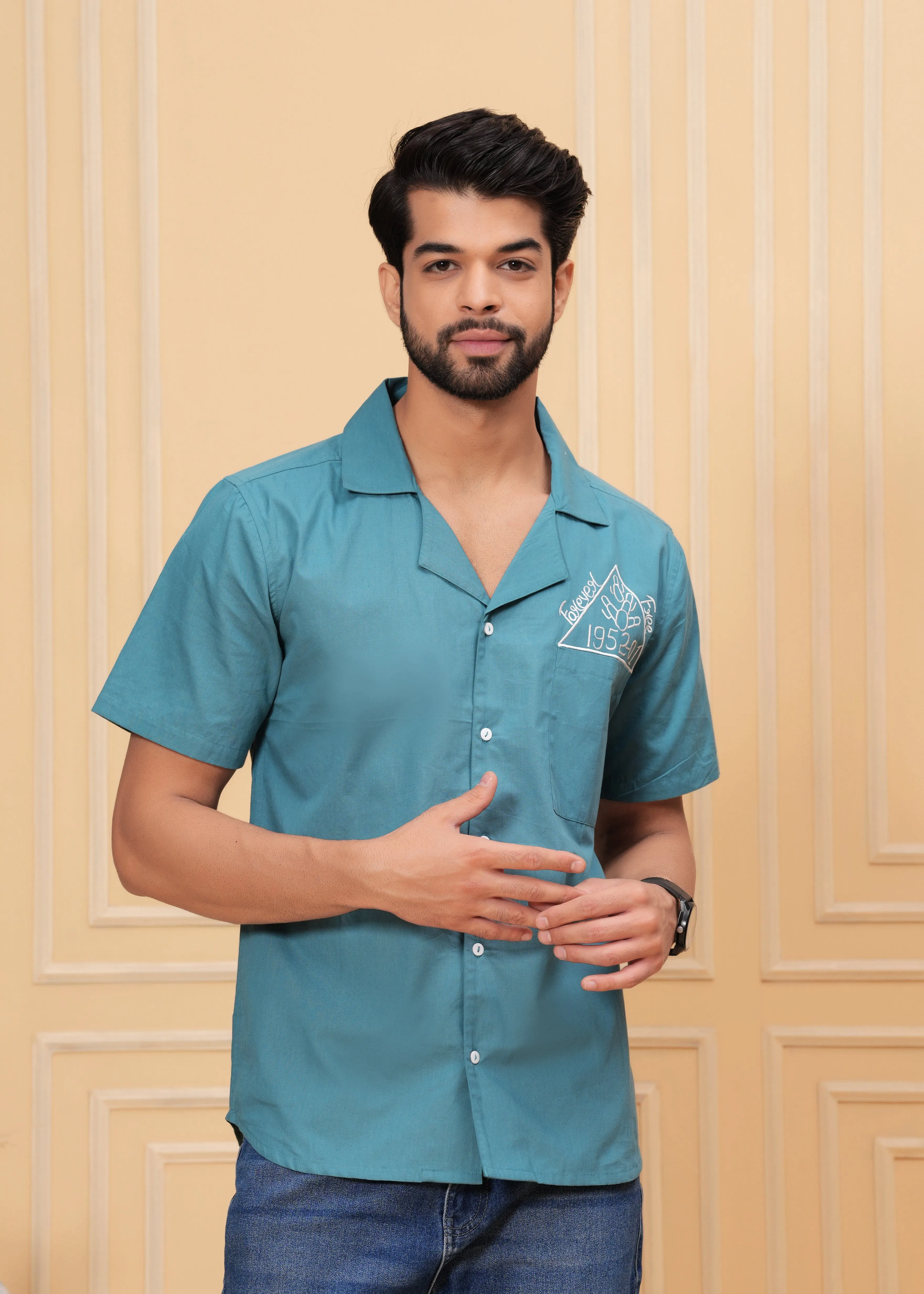 Blue Self Design Spread Collor Shirt