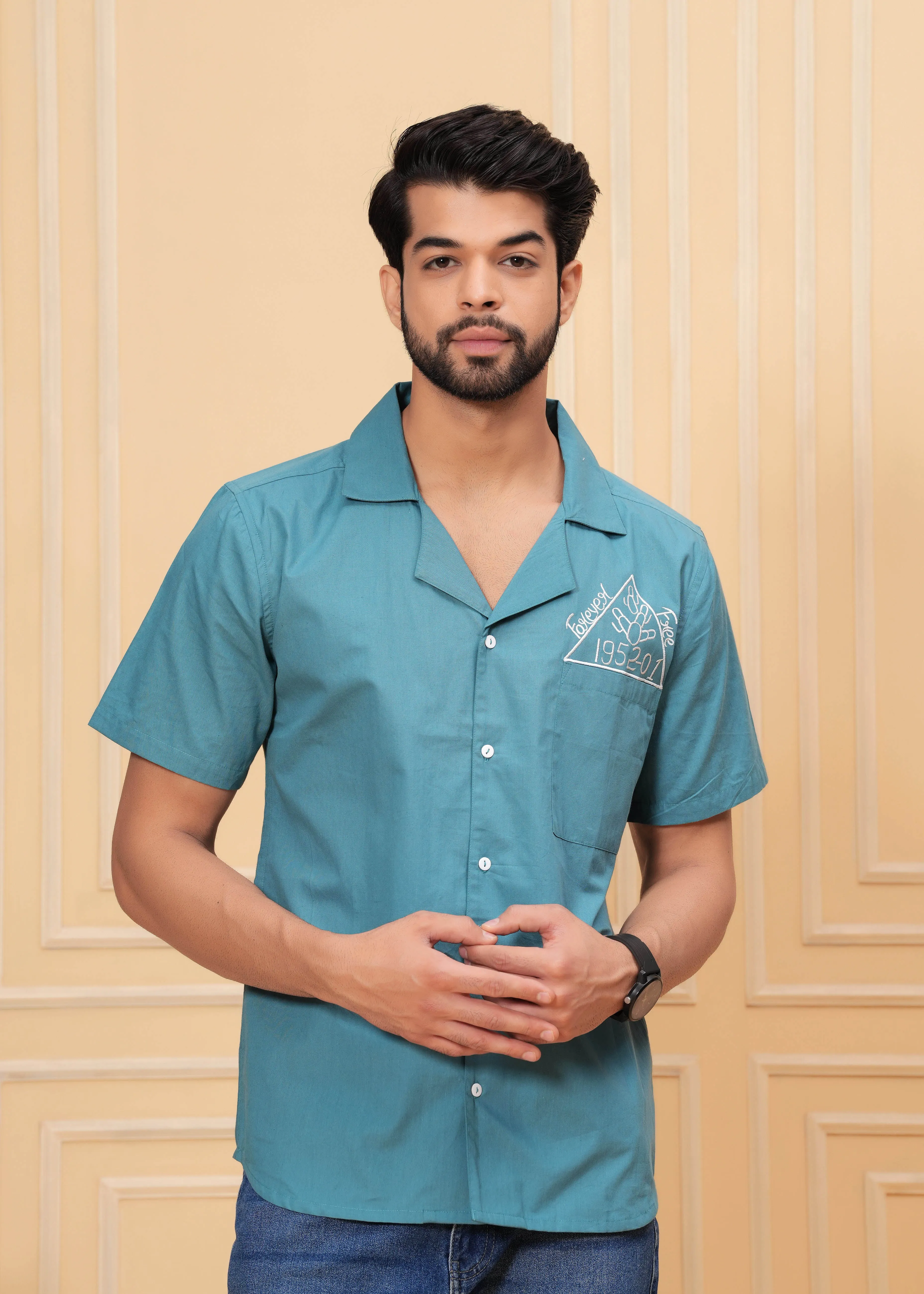Blue Self Design Spread Collor Shirt