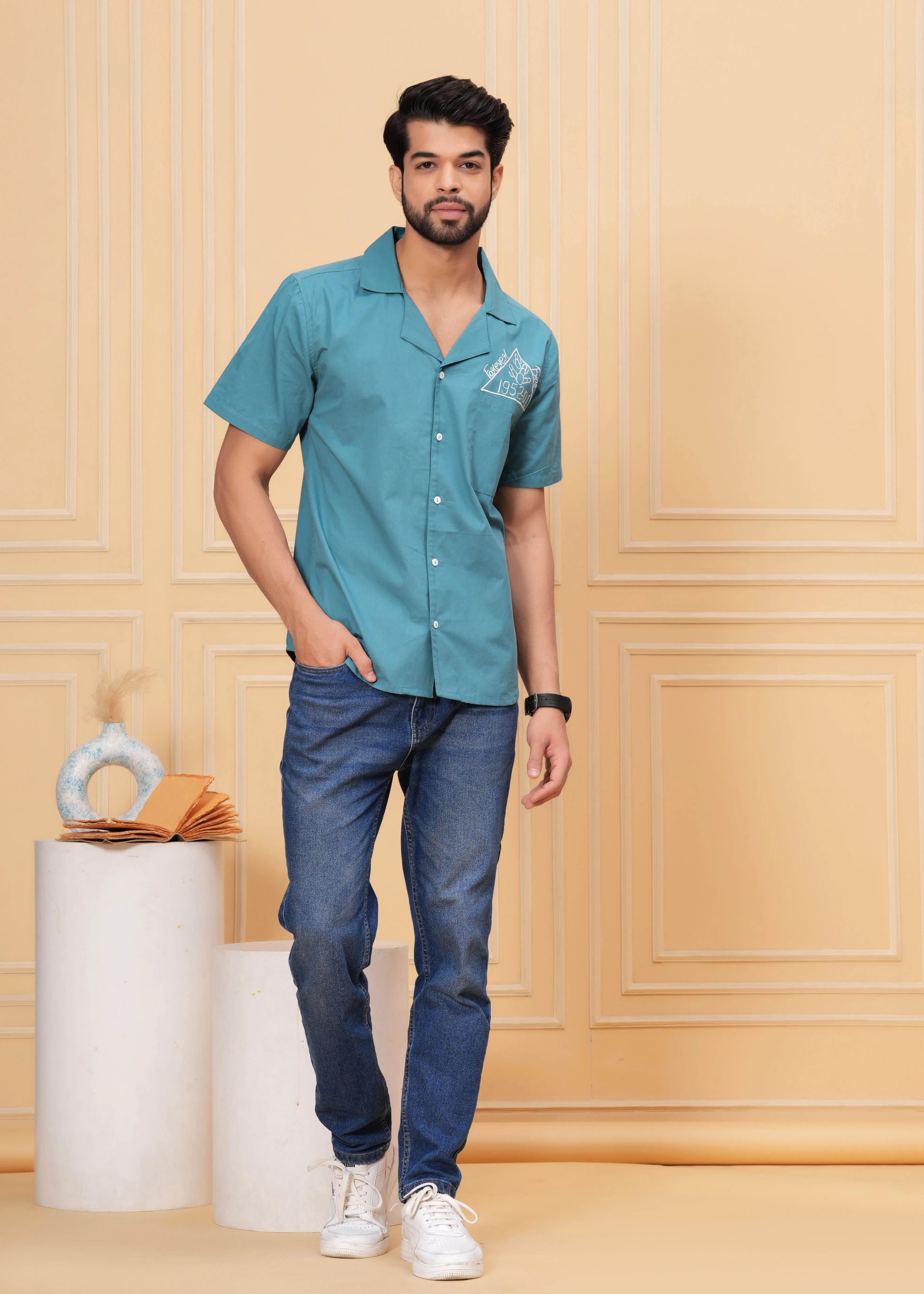 Blue Self Design Spread Collor Shirt