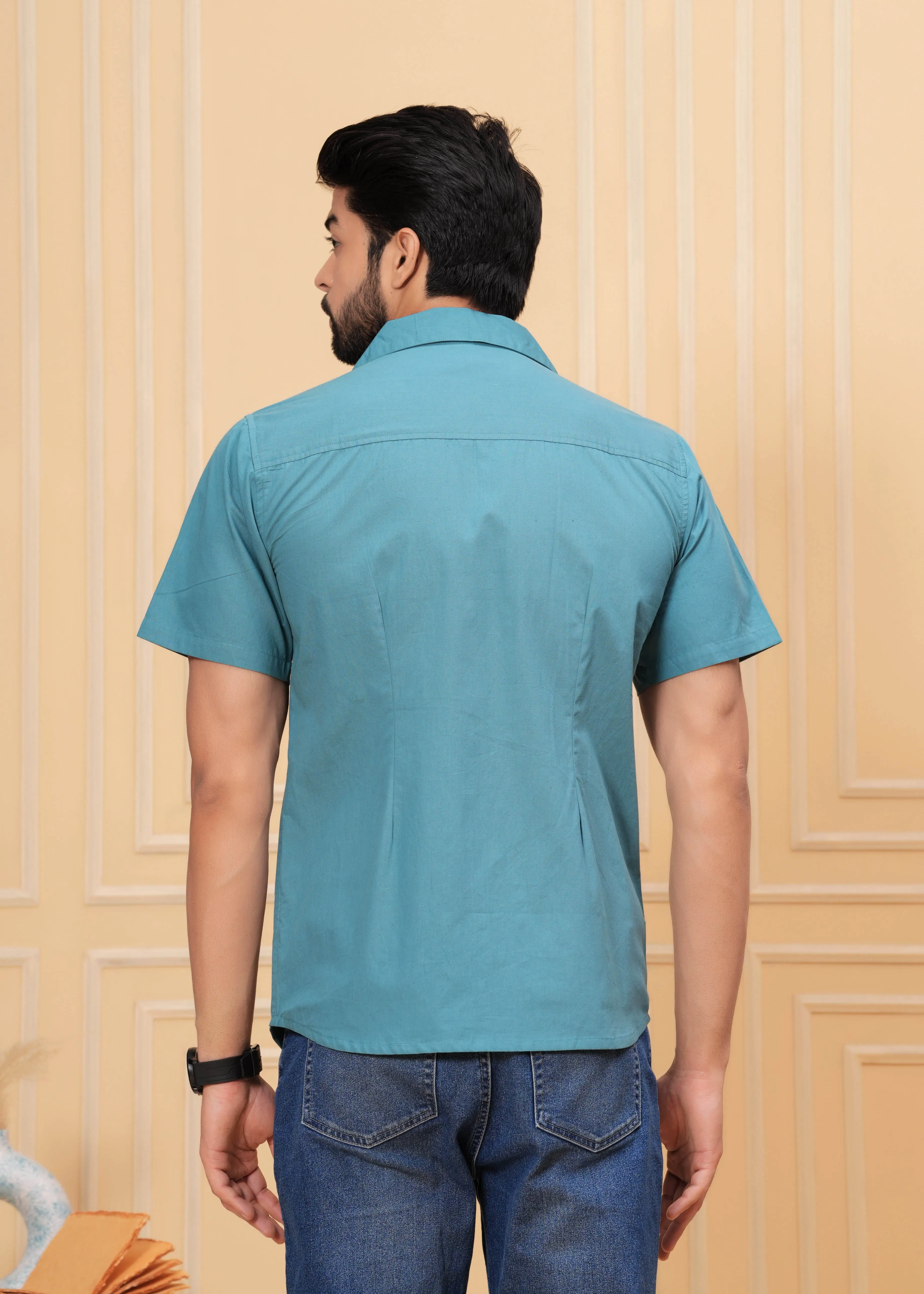 Blue Self Design Spread Collor Shirt