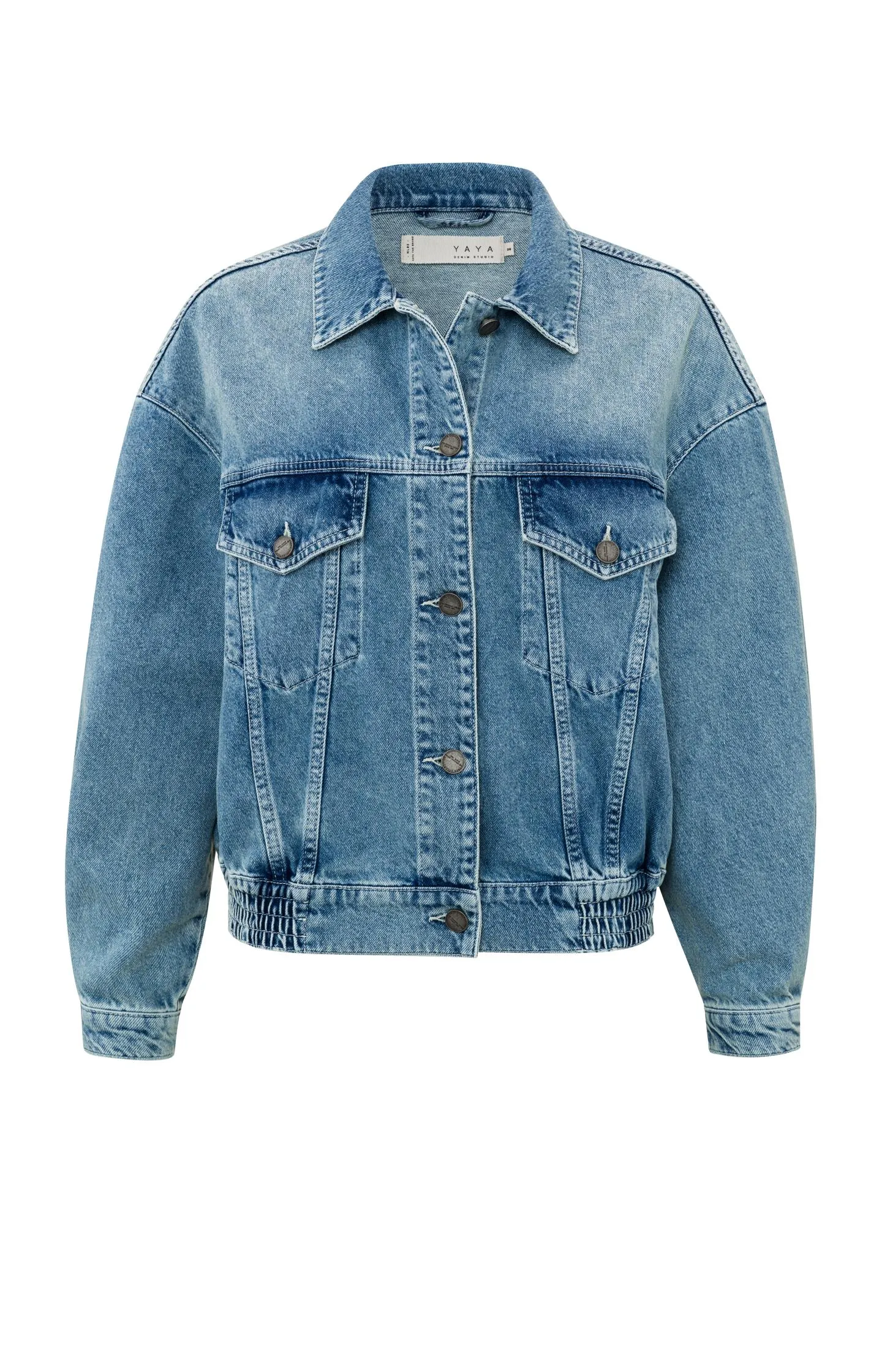 Bomber denim jacket with long sleeves, buttons and pockets