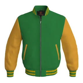 Bomber Jacket Women Green Body and Gold Leather Sleeves Bomber Jacket