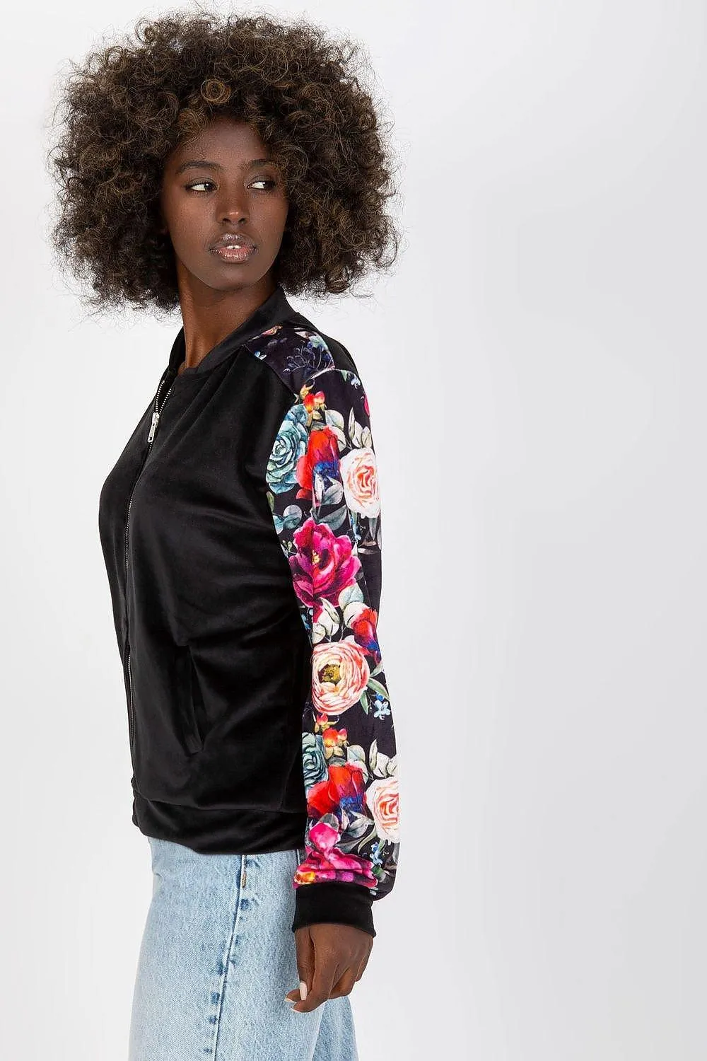 Chic Floral Velour Bomber Jacket