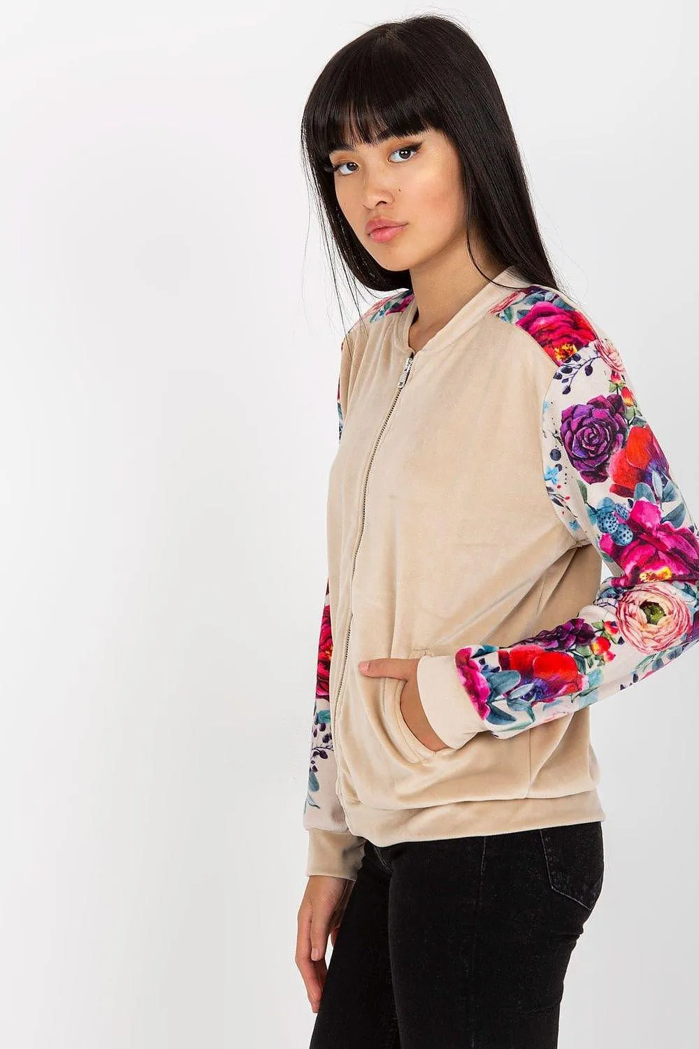 Chic Floral Velour Bomber Jacket