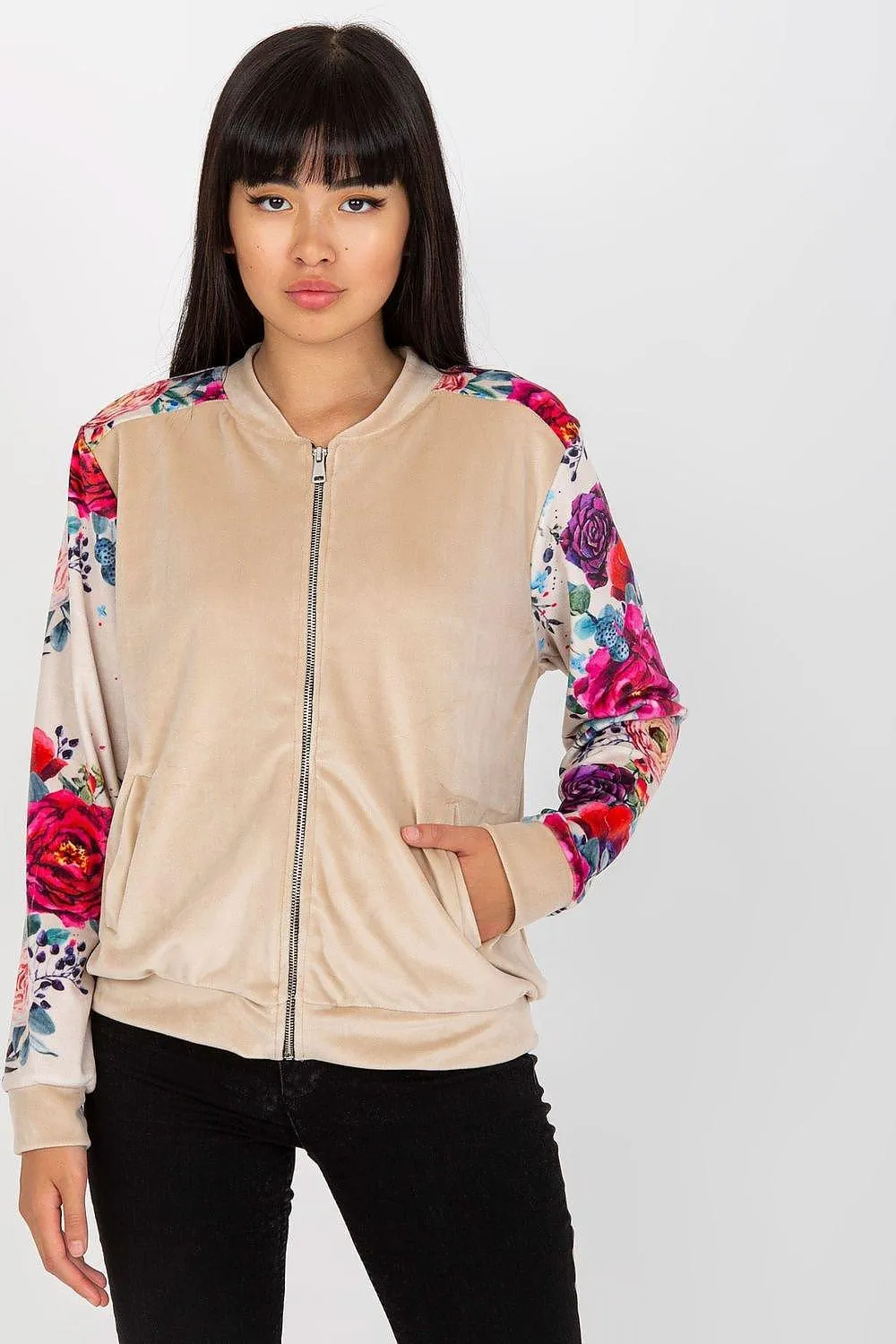 Chic Floral Velour Bomber Jacket