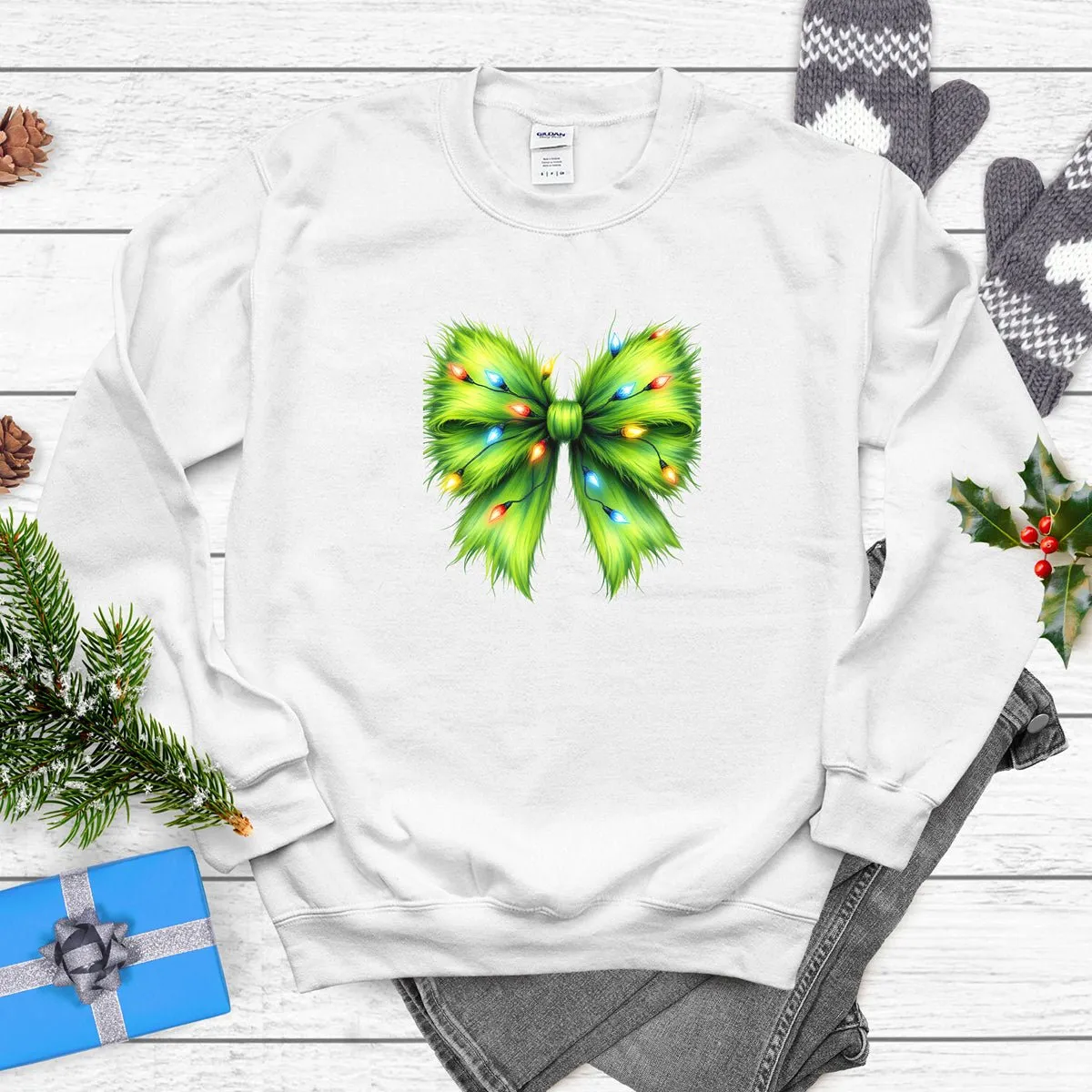 Coquette Grinch Bow Sweatshirt with Festive Christmas Lights