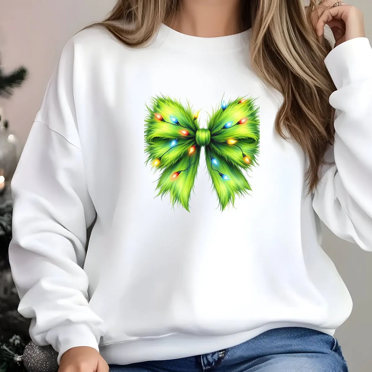Coquette Grinch Bow Sweatshirt with Festive Christmas Lights