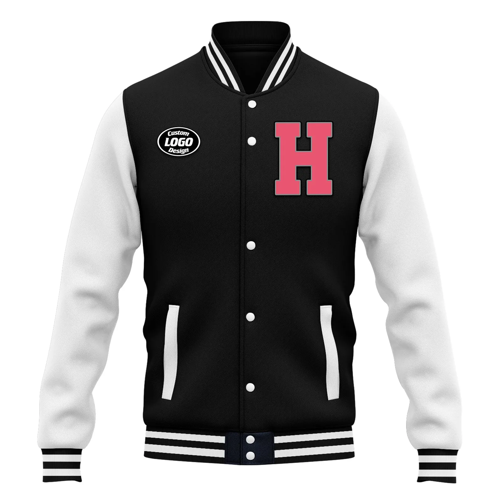Custom Black White Jacket Bomber Full-Snap Varsity Letterman Personalized Jacket FZ005-D020255-7