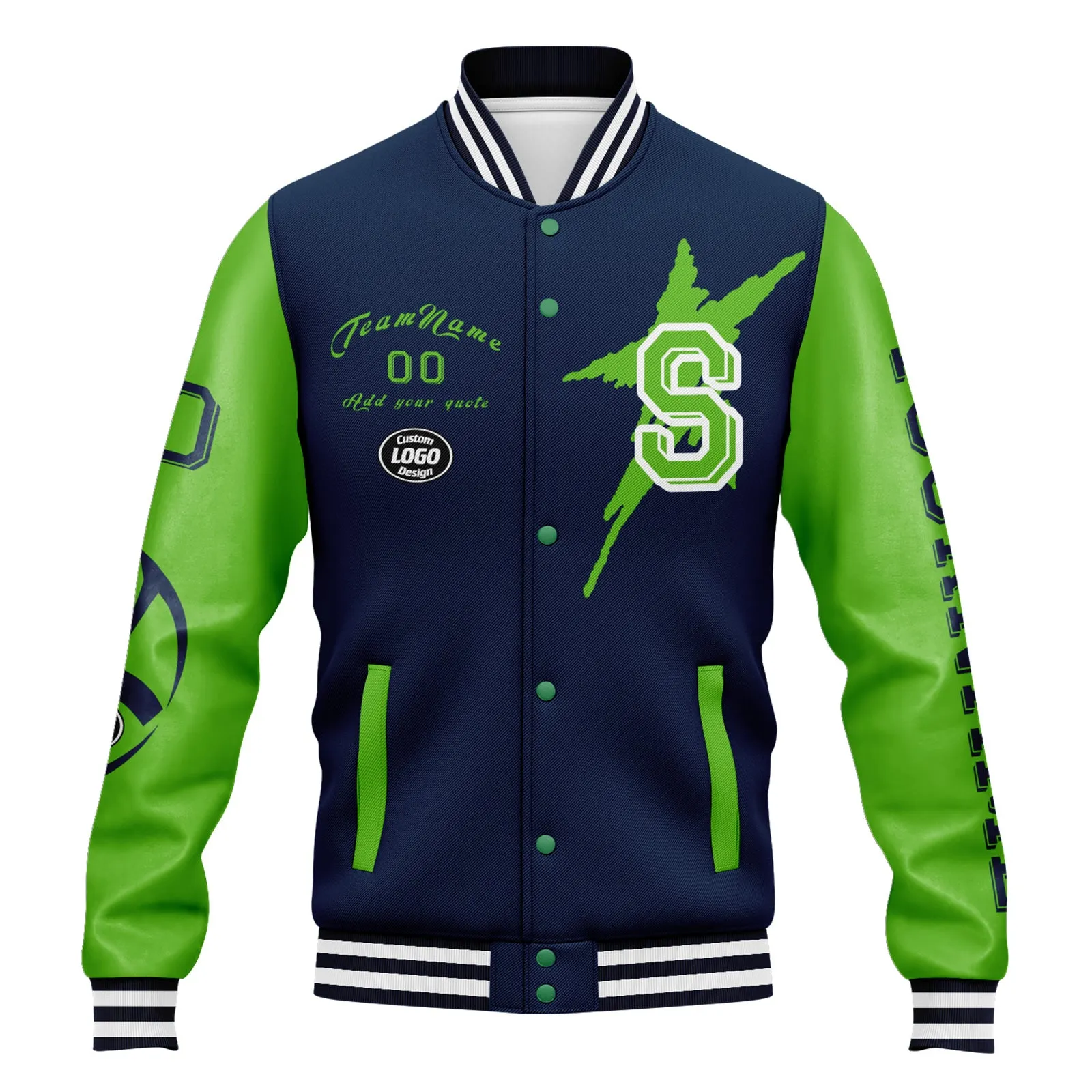 Custom Blue Green Seattle Jacket Bomber Full-Snap Varsity Letterman Personalized Jacket FZ005SX-D020290-27