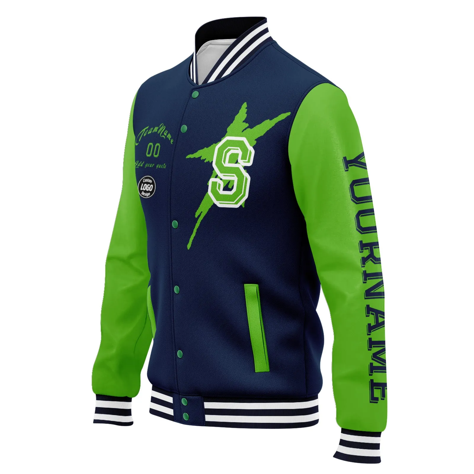 Custom Blue Green Seattle Jacket Bomber Full-Snap Varsity Letterman Personalized Jacket FZ005SX-D020290-27