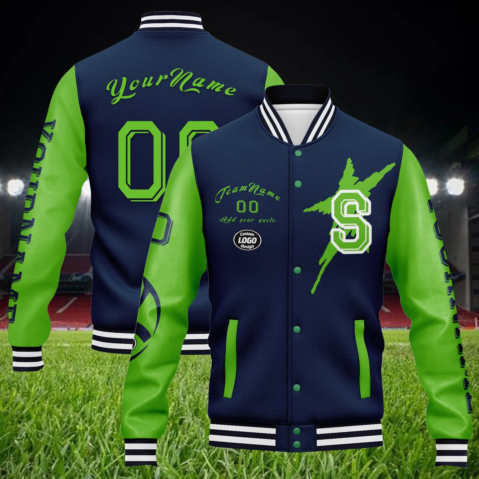 Custom Blue Green Seattle Jacket Bomber Full-Snap Varsity Letterman Personalized Jacket FZ005SX-D020290-27