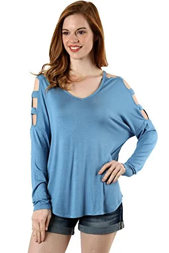 Fashion Secrets Women`s Cutout Cold Shoulders V Neckline Long Sleeve Top T Shirt
