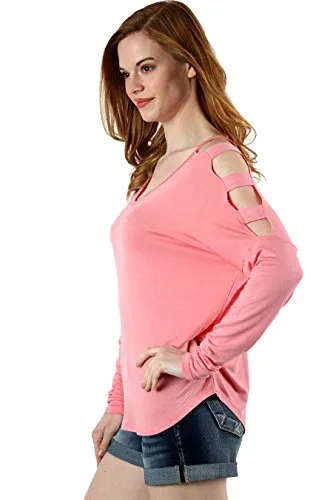 Fashion Secrets Women`s Cutout Cold Shoulders V Neckline Long Sleeve Top T Shirt
