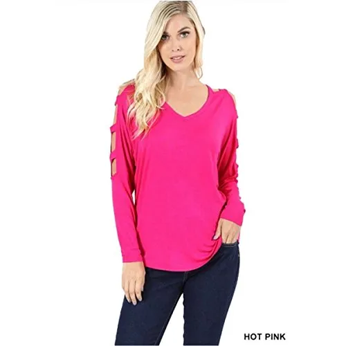 Fashion Secrets Women`s Cutout Cold Shoulders V Neckline Long Sleeve Top T Shirt