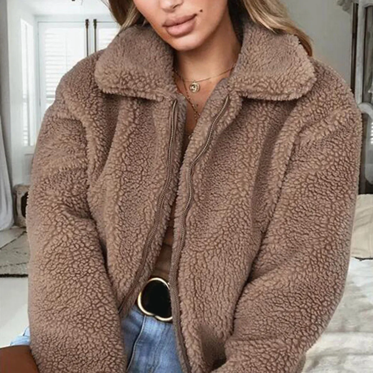 Fashionable White Warm Fleece Fur Bomber Jacket