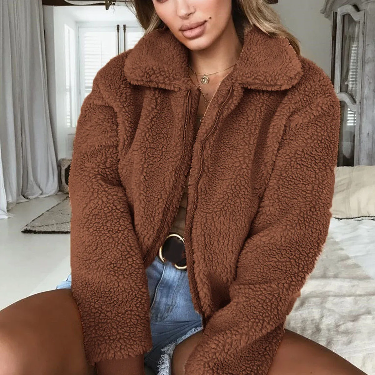 Fashionable White Warm Fleece Fur Bomber Jacket