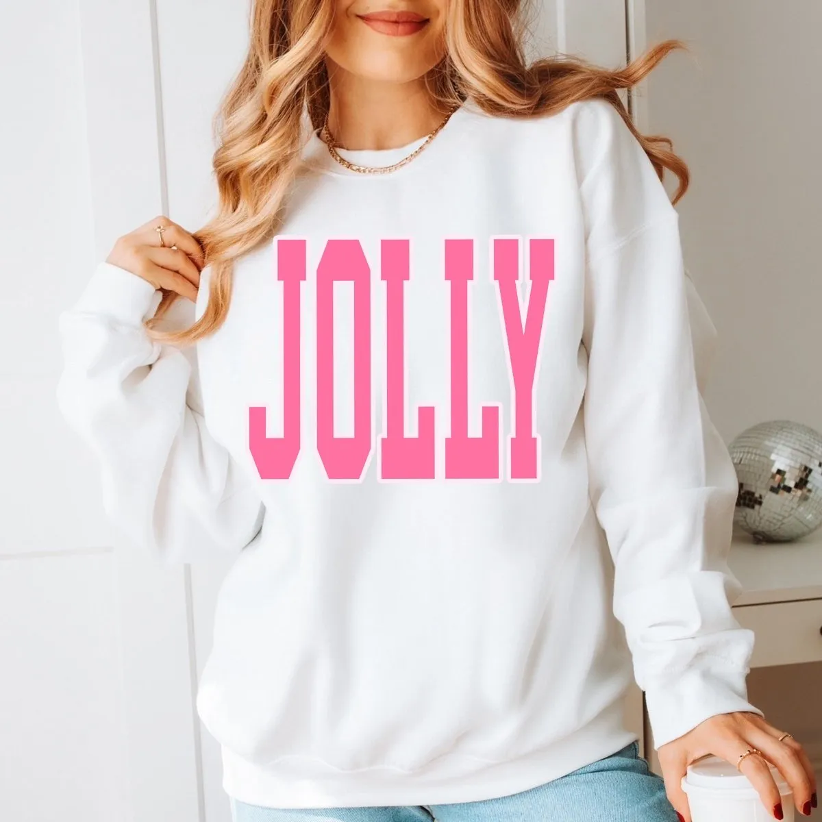 Jolly Pink Large Letter Christmas Wholesale Graphic Sweatshirt - Quick TAT