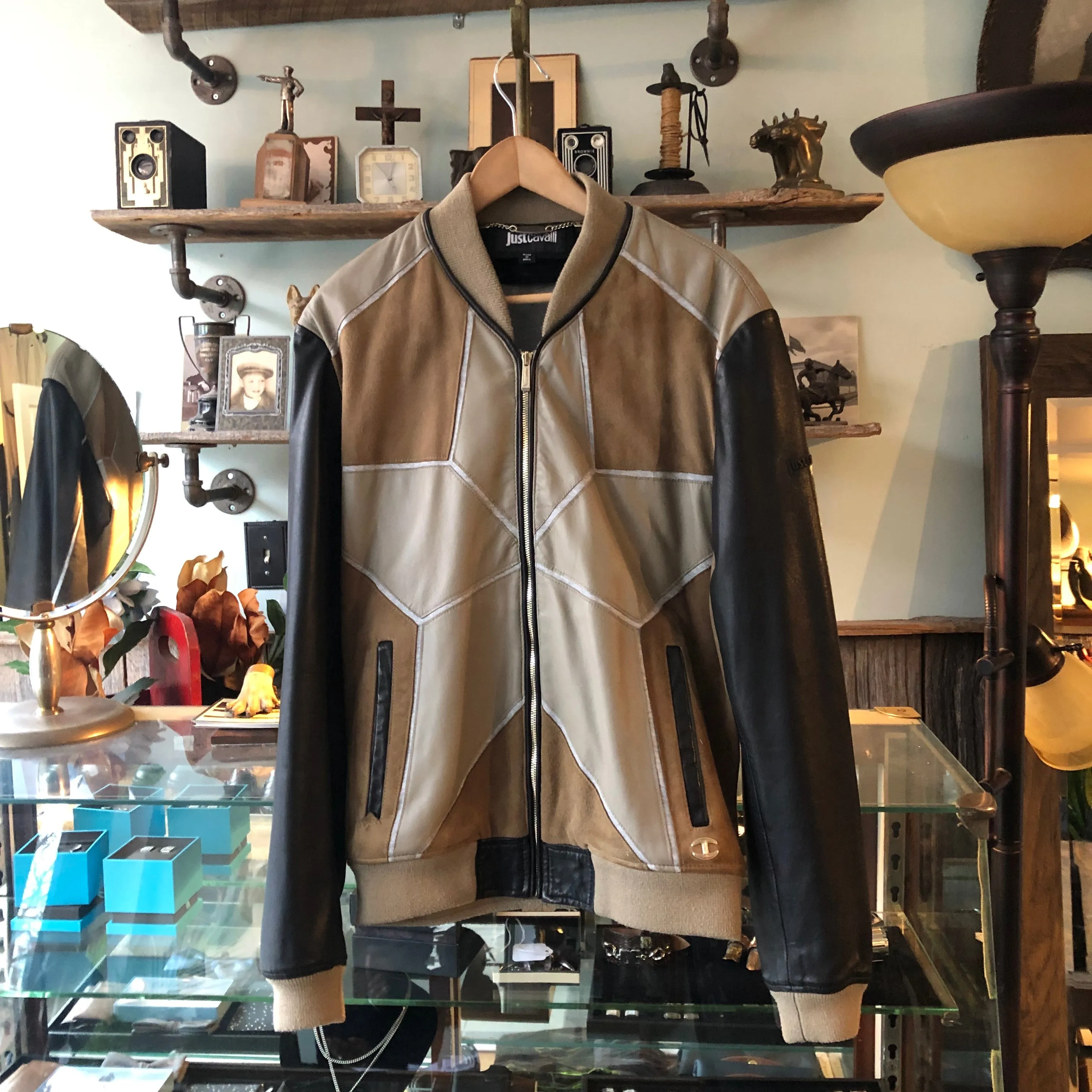 Just Cavalli Brown Multi Leather Bomber Jacket - M