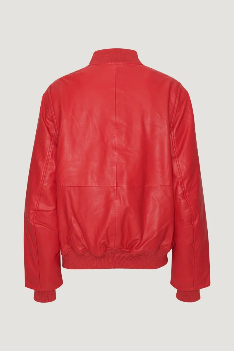 Leather Bomber Jacket - Chinese Red
