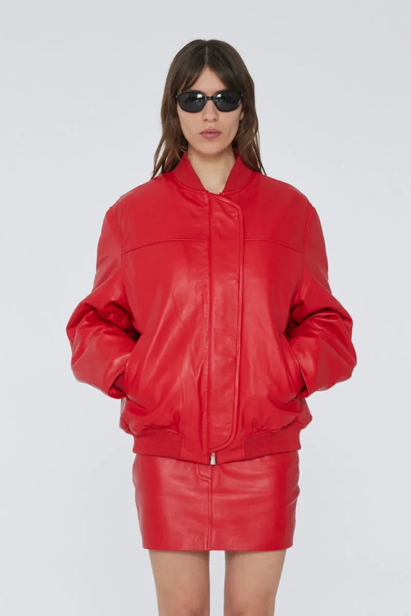 Leather Bomber Jacket - Chinese Red