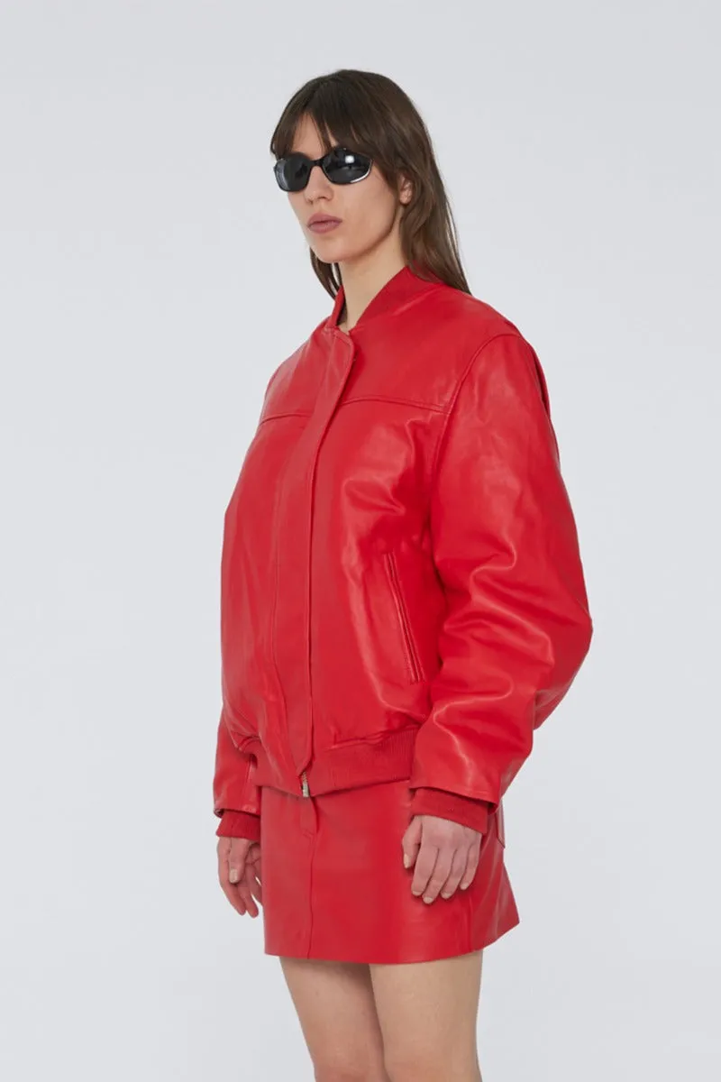 Leather Bomber Jacket - Chinese Red