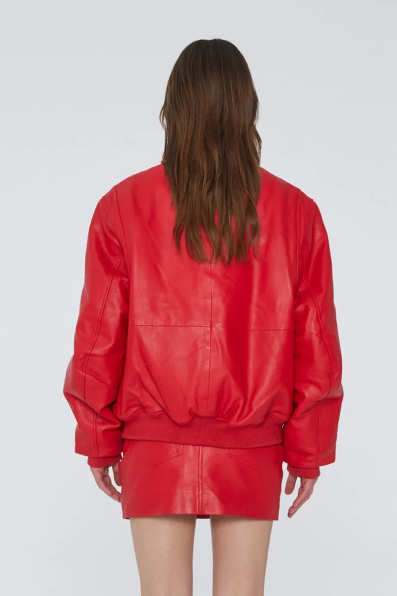 Leather Bomber Jacket - Chinese Red