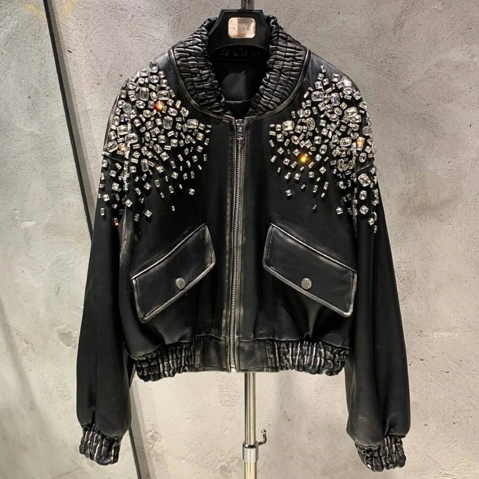 Luxe Vintage Black Shearling Leather Coat