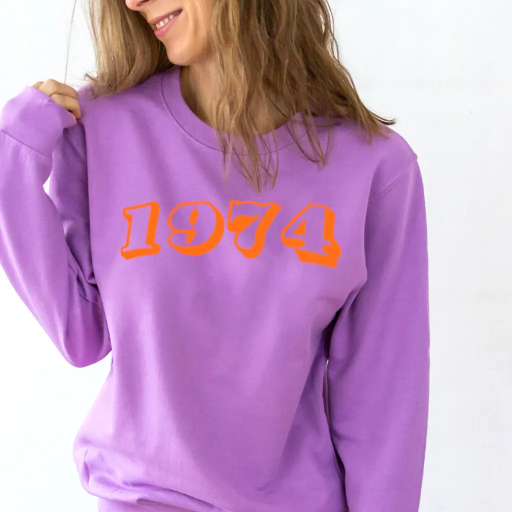Neon Embroidered Year of Birth Lavender Sweatshirt