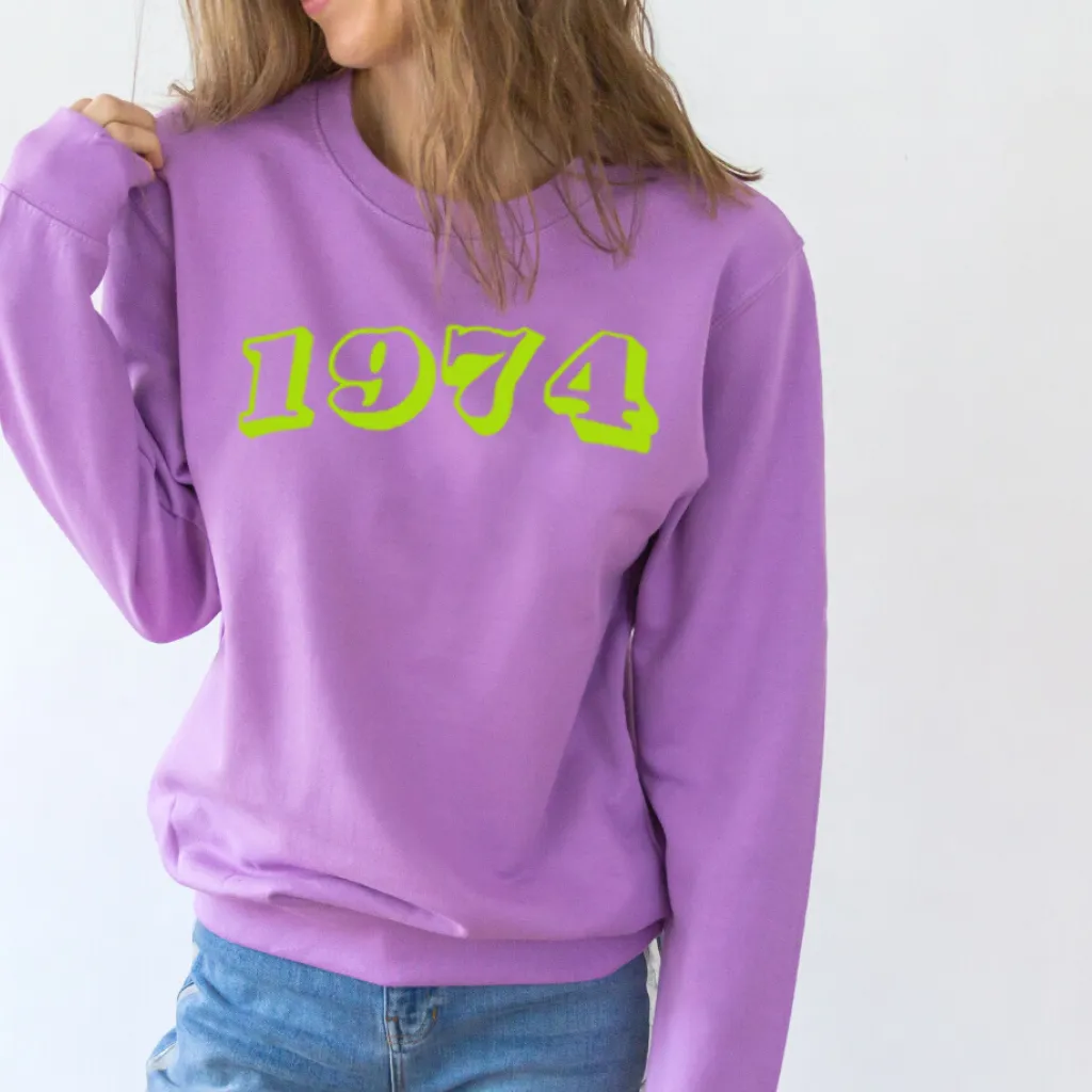 Neon Embroidered Year of Birth Lavender Sweatshirt
