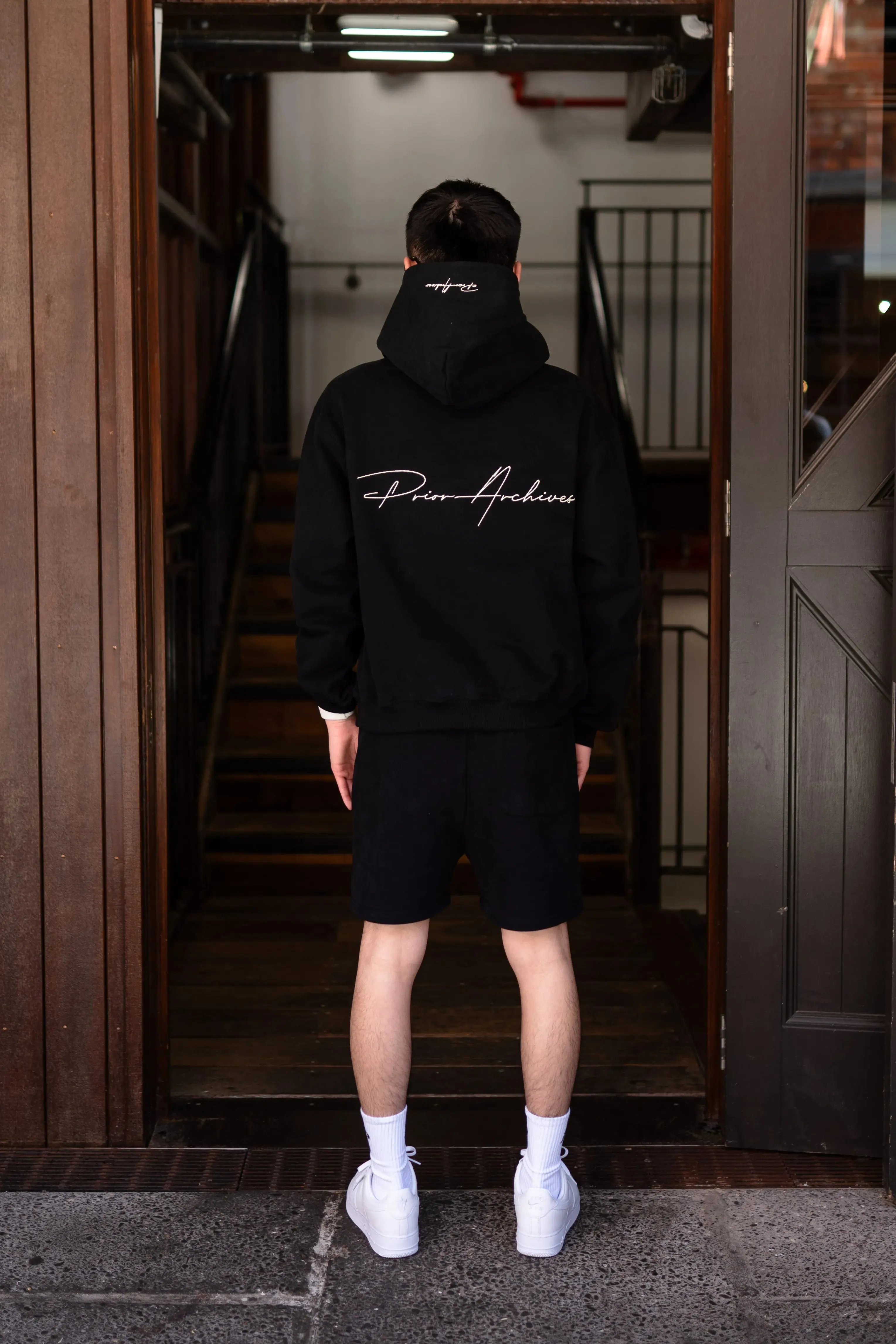 Prior Embroidery Logo Oversized Cropped Hoodie Onyx
