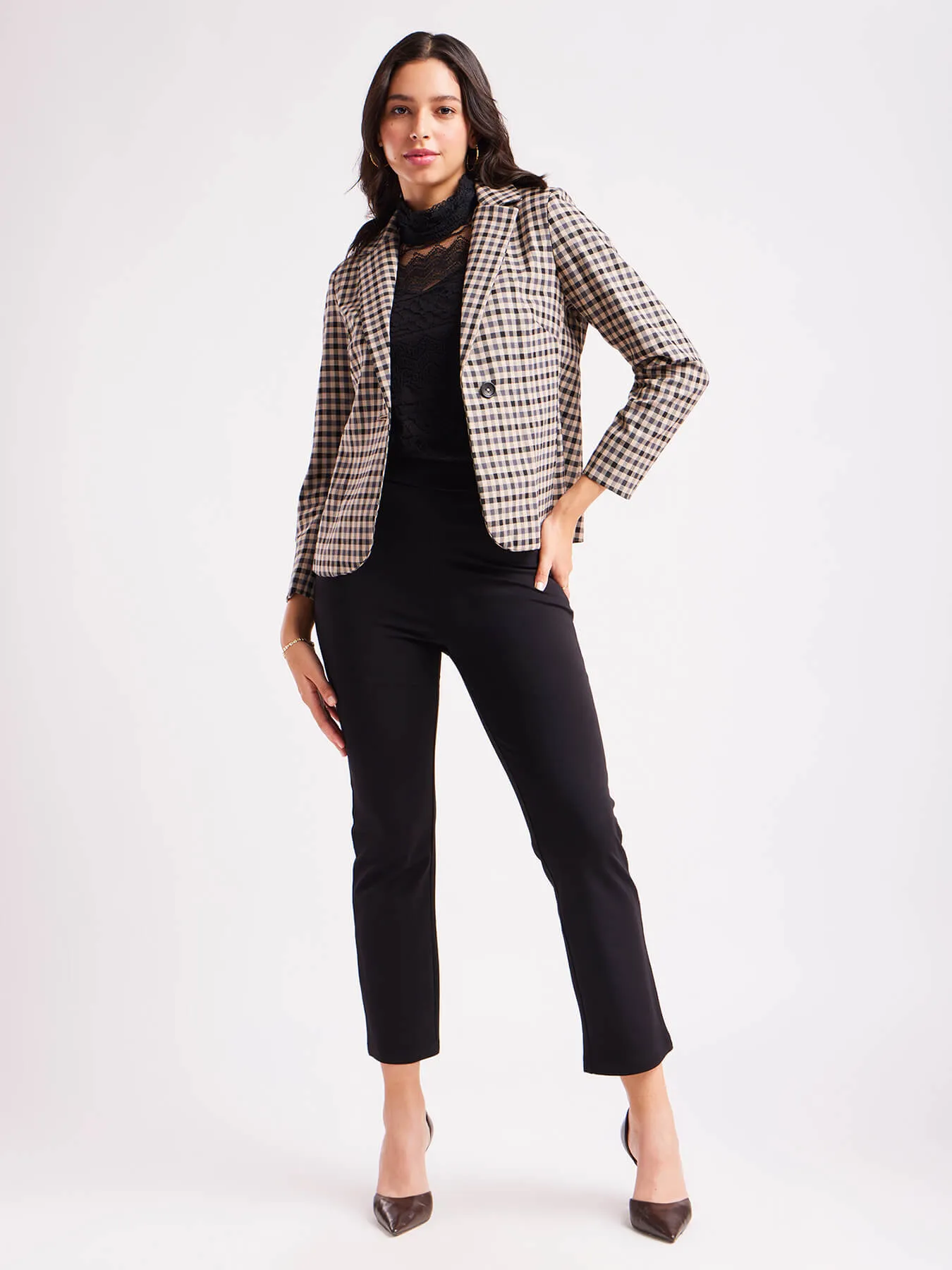 Single Breasted Check Blazer - Black And Beige