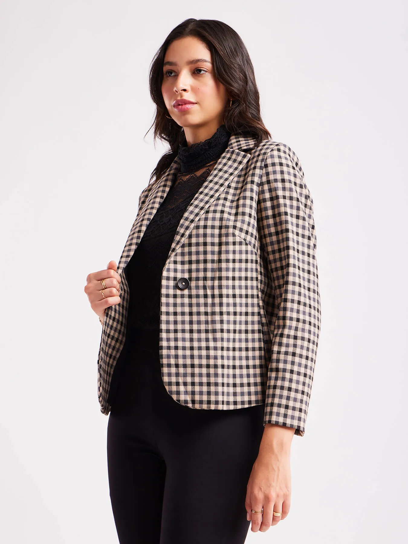 Single Breasted Check Blazer - Black And Beige